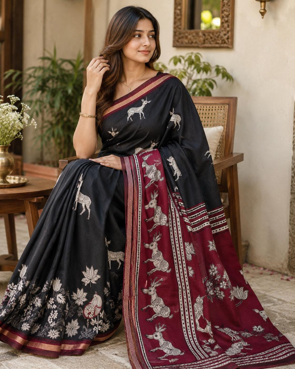 Red black Print Saree | soft silk Saree with Deer & Peacock Motifs | Traditional Indian Saree | Floral Saree | Artisan Saree