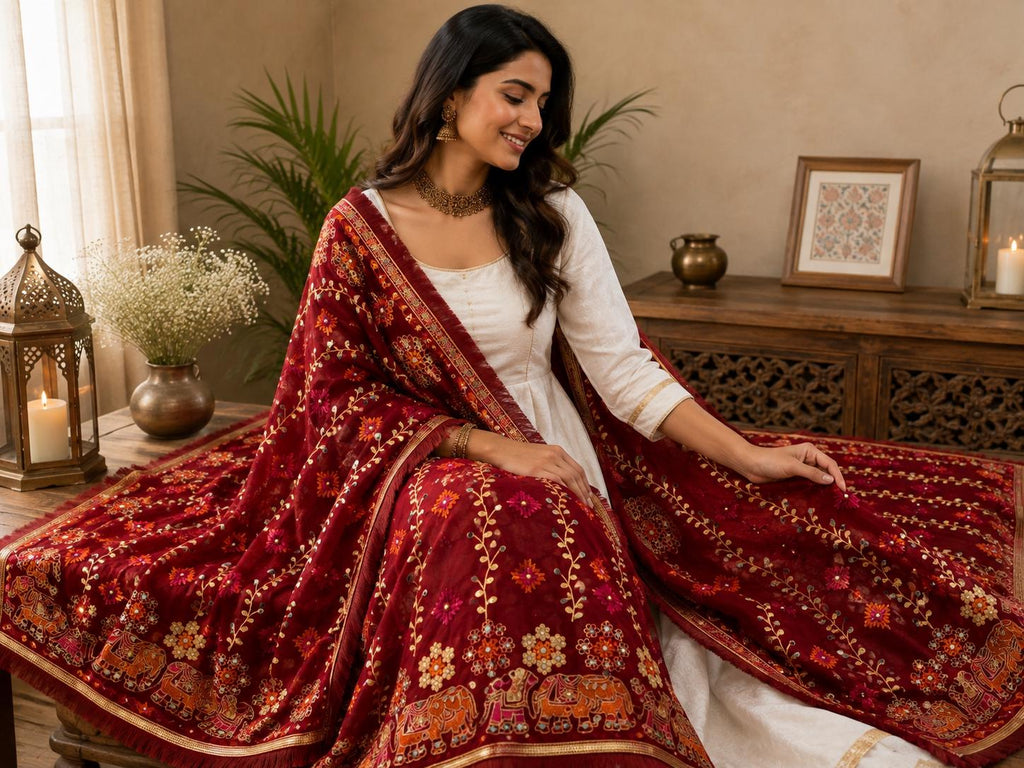 Red Handmade , Handwoven , Elegant vibrant & Authentic Multicolour Phulkari Dupatta / Indian Scarf. Hand embroidered