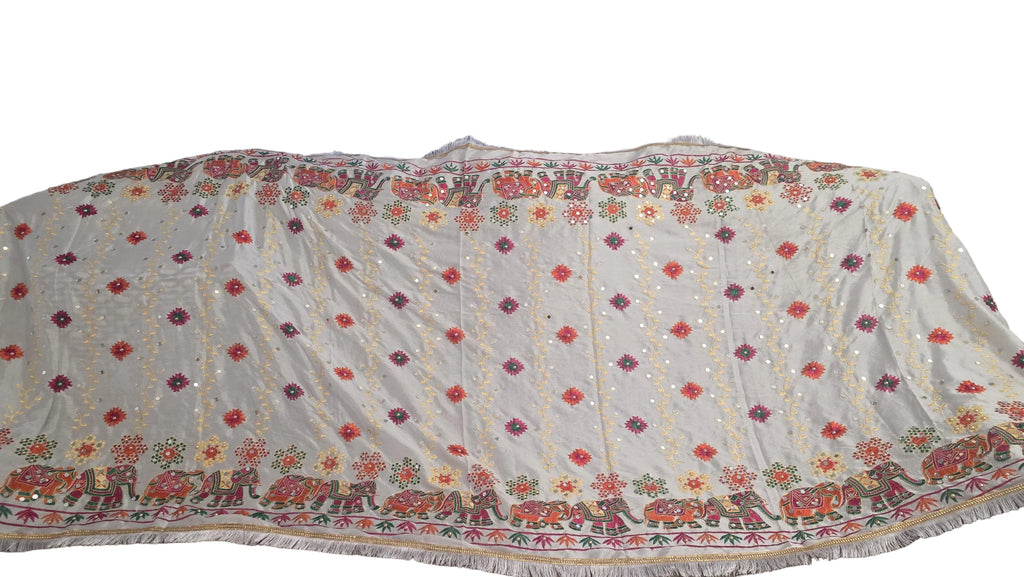 White Handmade , Handwoven , Elegant vibrant & Authentic Multicolour Phulkari Dupatta / Indian Scarf. Hand embroidered