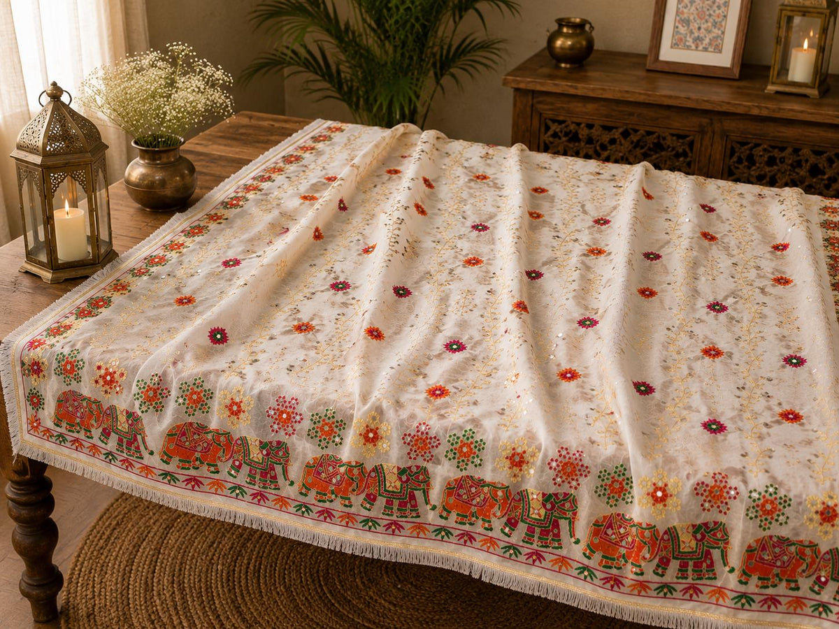 White Handmade , Handwoven , Elegant vibrant & Authentic Multicolour Phulkari Dupatta / Indian Scarf. Hand embroidered