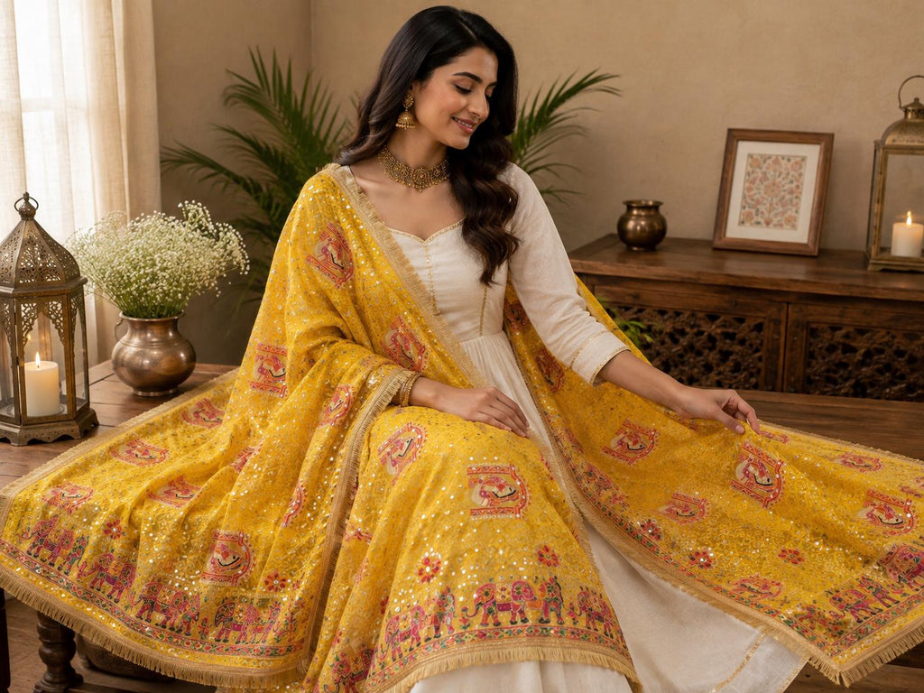 Handmade , Handwoven , Elegant vibrant & Authentic yellow Phulkari Dupatta / Indian Scarf. Hand embroidered .