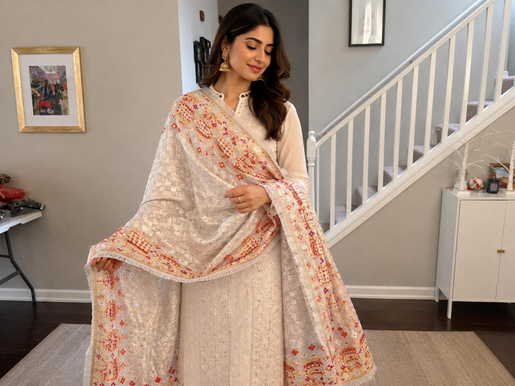 White Handmade , Handwoven , Elegant vibrant & Authentic Multicolour Phulkari Dupatta / Indian Scarf. Hand embroidered