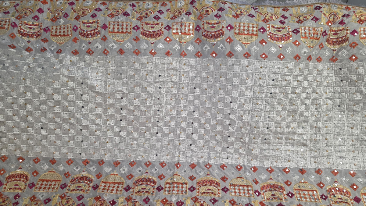 White Handmade , Handwoven , Elegant vibrant & Authentic Multicolour Phulkari Dupatta / Indian Scarf. Hand embroidered