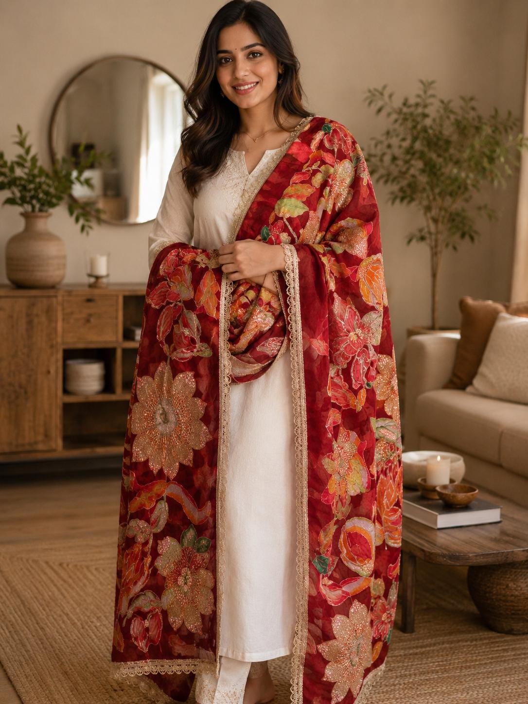 Maroon Embroidered Dupatta, Floral Designer Dupatta, Indian Ethnic Dupatta, Festive Wedding Dupatta, Statement Shawl
