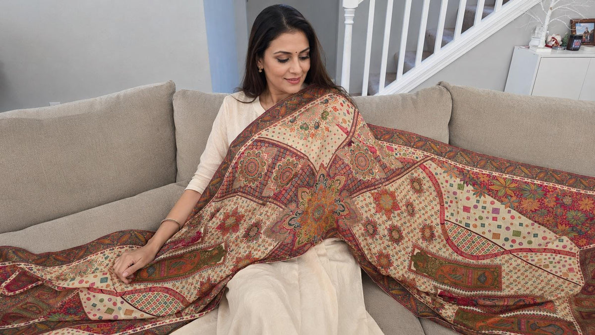 Beige multicolour mughal art dupatta Handmade , Handwoven , Elegant vibrant & Authentic