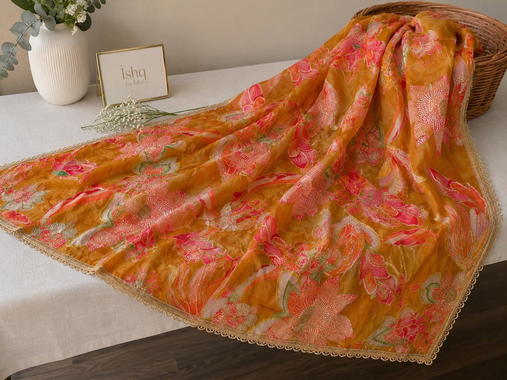 Mustard Floral Designer Dupatta, Indian Ethnic Dupatta, Festive Wedding Dupatta, Statement Shawl
