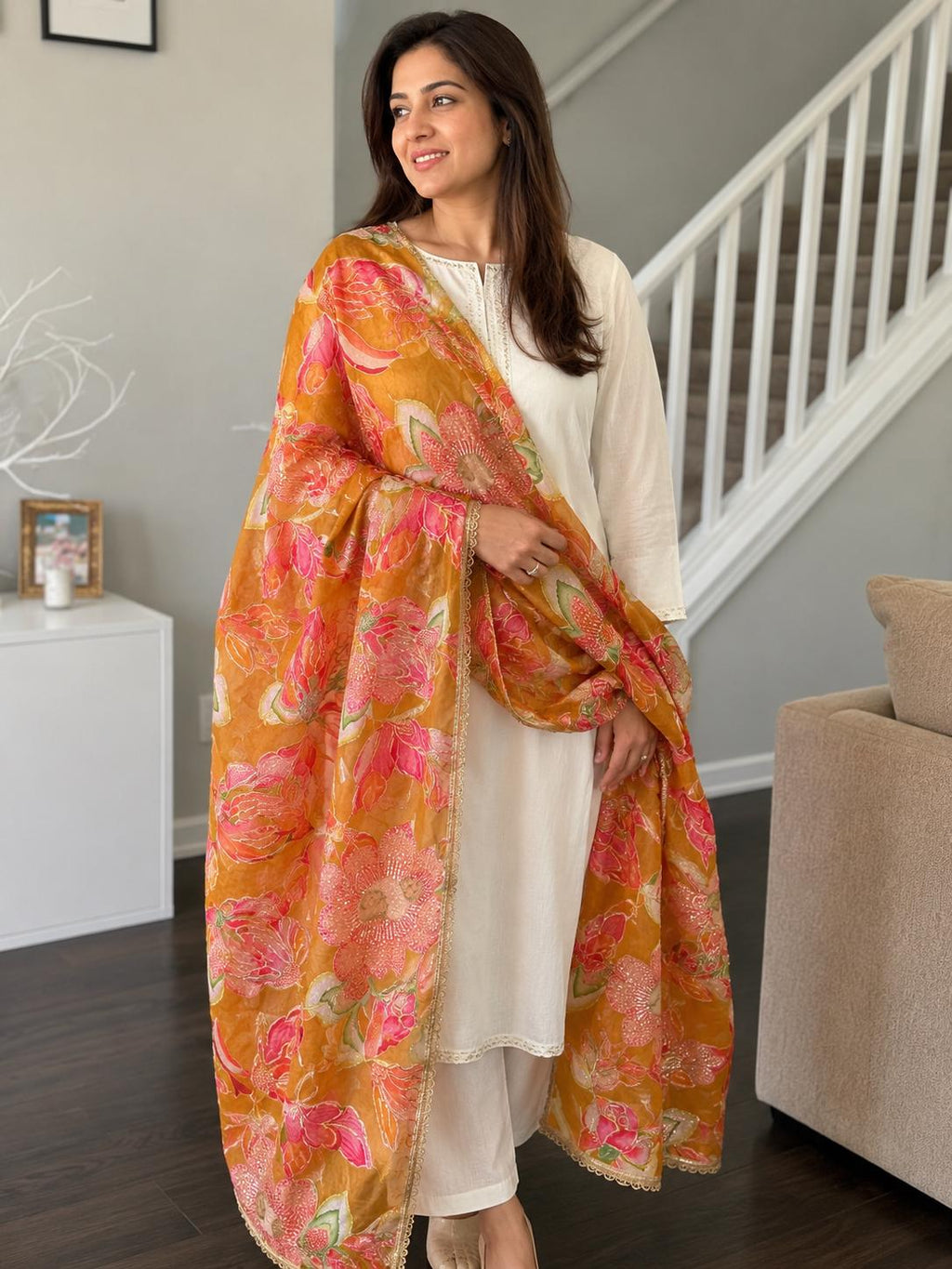 Mustard Floral Designer Dupatta, Indian Ethnic Dupatta, Festive Wedding Dupatta, Statement Shawl