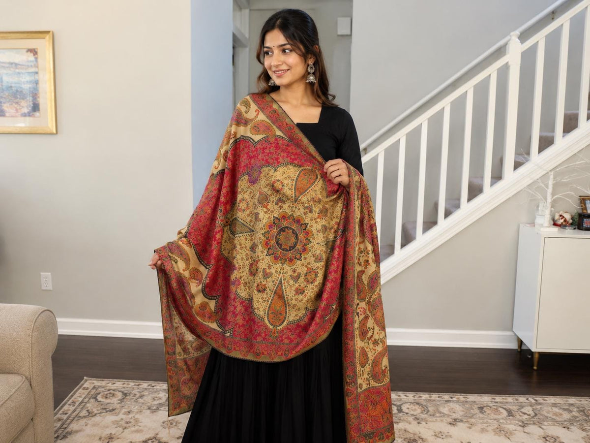 Red Beige multicolour art dupatta Handmade , Handwoven , Elegant vibrant & Authentic