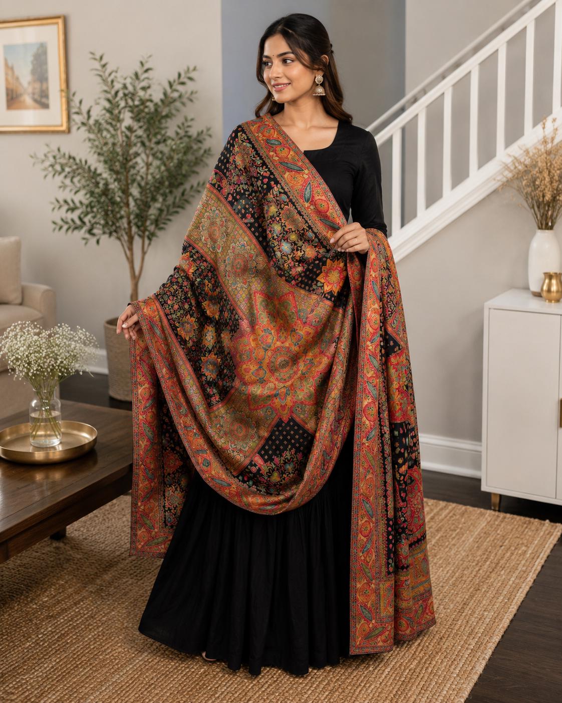 Black multicolour dupatta Handmade , Handwoven , Elegant vibrant & Authentic