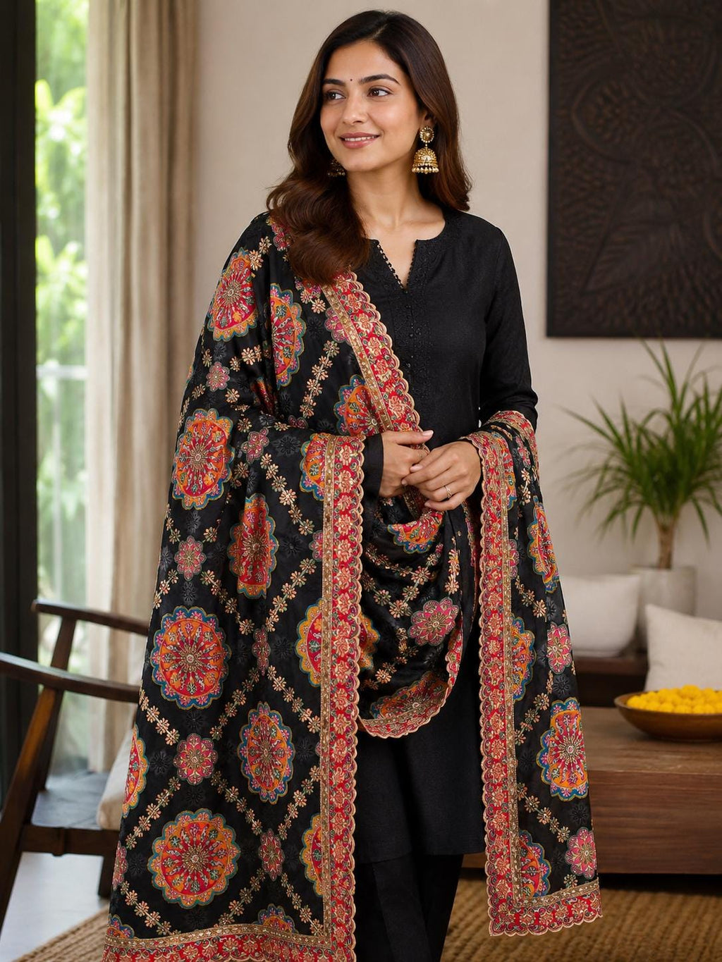 Black Embroidered Georgette Dupatta | Handmade Ethnic Dupatta | Festive Indian Dupatta | Wedding & Party