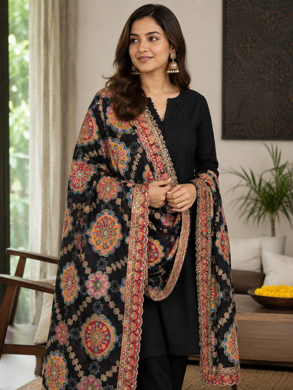 Black Embroidered Georgette Dupatta | Handmade Ethnic Dupatta | Festive Indian Dupatta | Wedding & Party