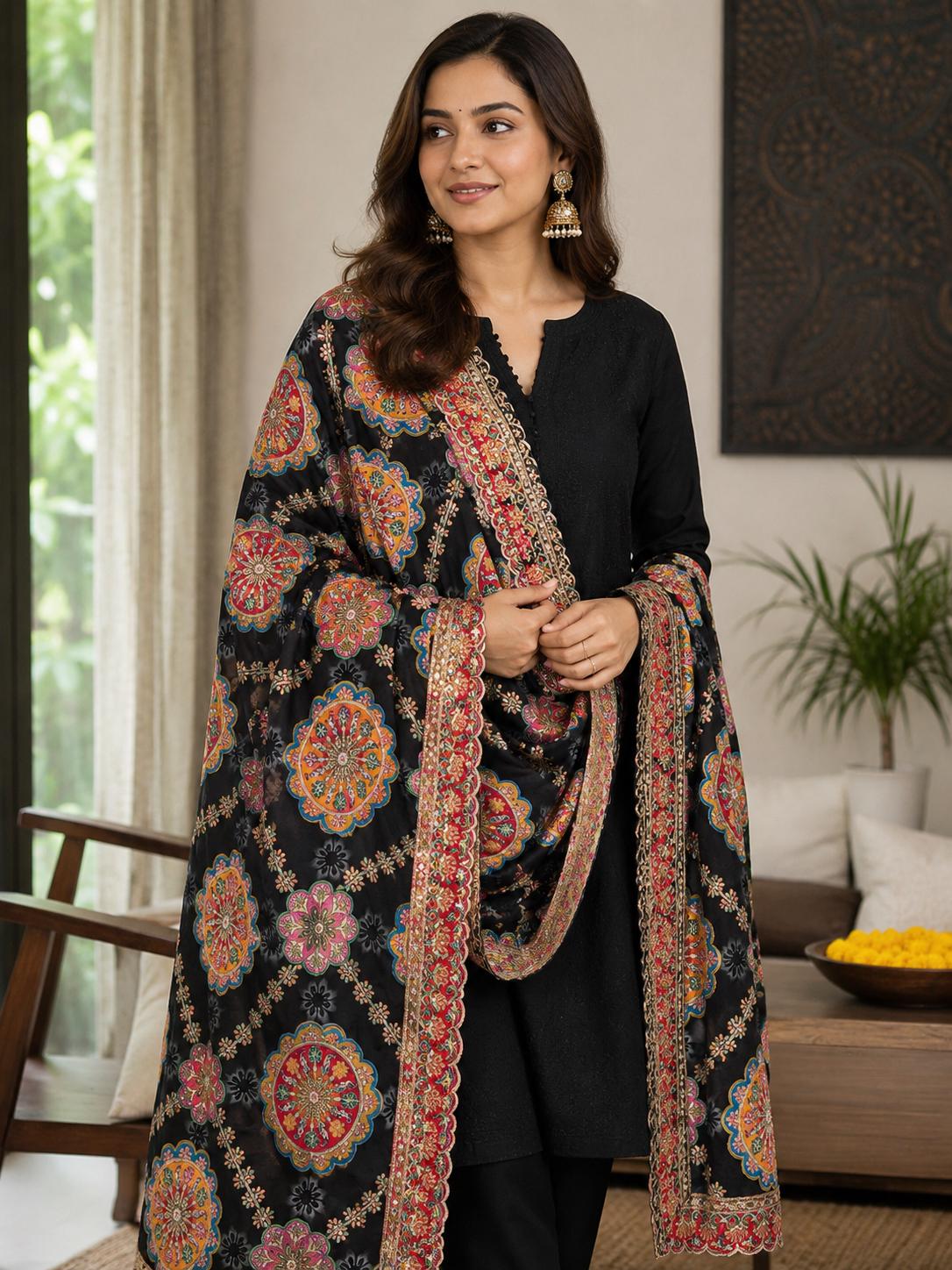 Black Embroidered Georgette Dupatta | Handmade Ethnic Dupatta | Festive Indian Dupatta | Wedding & Party