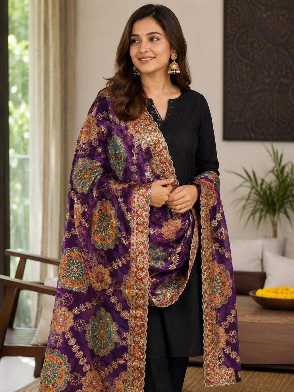 Purple Embroidered Georgette Dupatta | Handmade Ethnic Dupatta | Festive Indian Dupatta | Wedding & Party