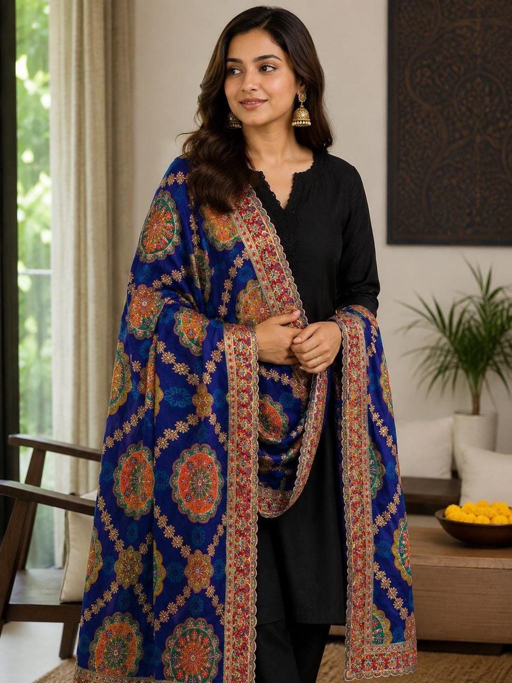 Blue Embroidered Georgette Dupatta | Handmade Ethnic Dupatta | Festive Indian Dupatta | Wedding & Party
