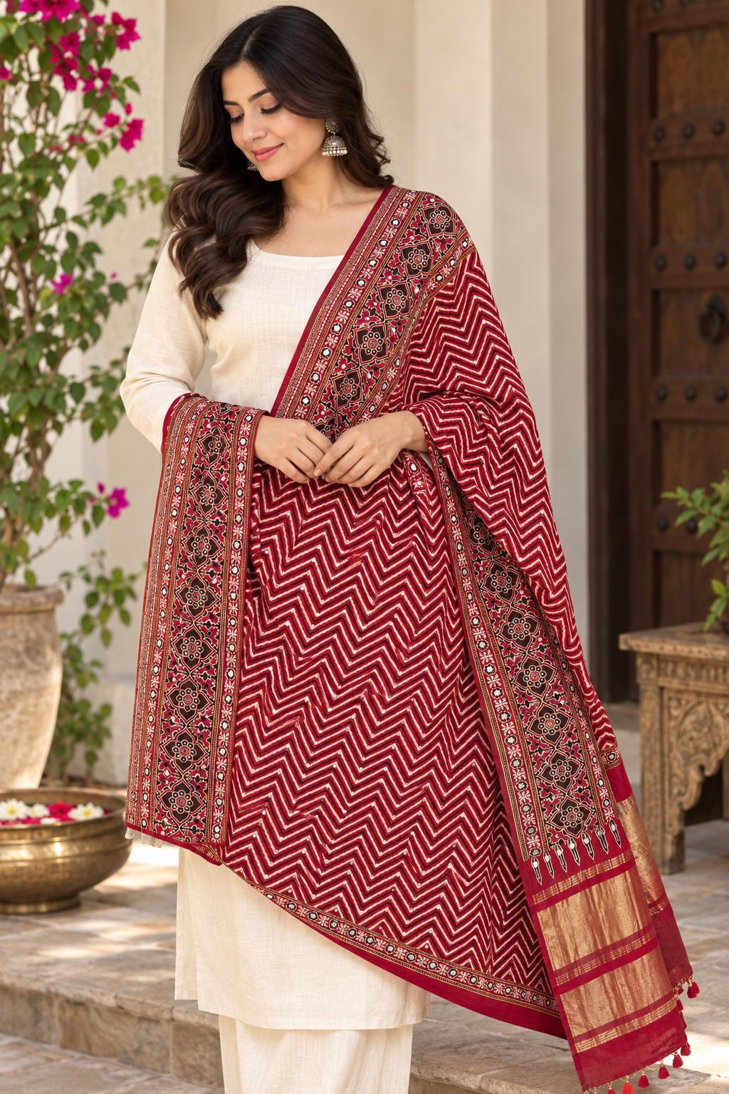 Ajrak Modal Dupatta with Mirror Work | Maroon Printed Indian Dupatta | Handcrafted Ethnic Scarf | Festive Wear | Indian Wedding Dupatta