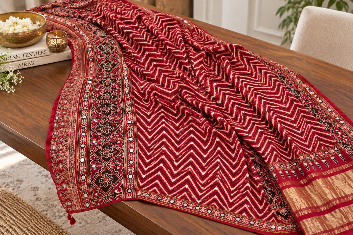 Ajrak Modal Dupatta with Mirror Work | Maroon Printed Indian Dupatta | Handcrafted Ethnic Scarf | Festive Wear | Indian Wedding Dupatta