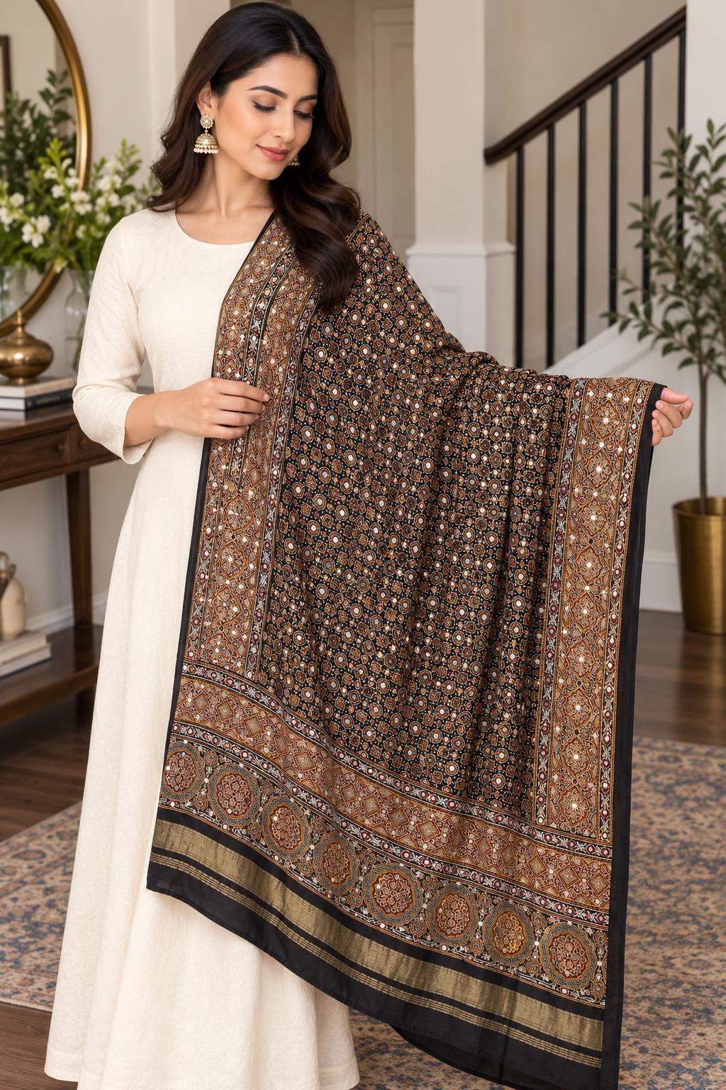 Ajrak Modal Dupatta with Mirror Work | black Printed Indian Dupatta | Handcrafted Ethnic Scarf | Festive Wear | Indian Wedding Dupatta