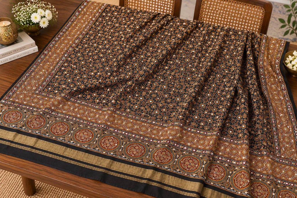 Ajrak Modal Dupatta with Mirror Work | black Printed Indian Dupatta | Handcrafted Ethnic Scarf | Festive Wear | Indian Wedding Dupatta