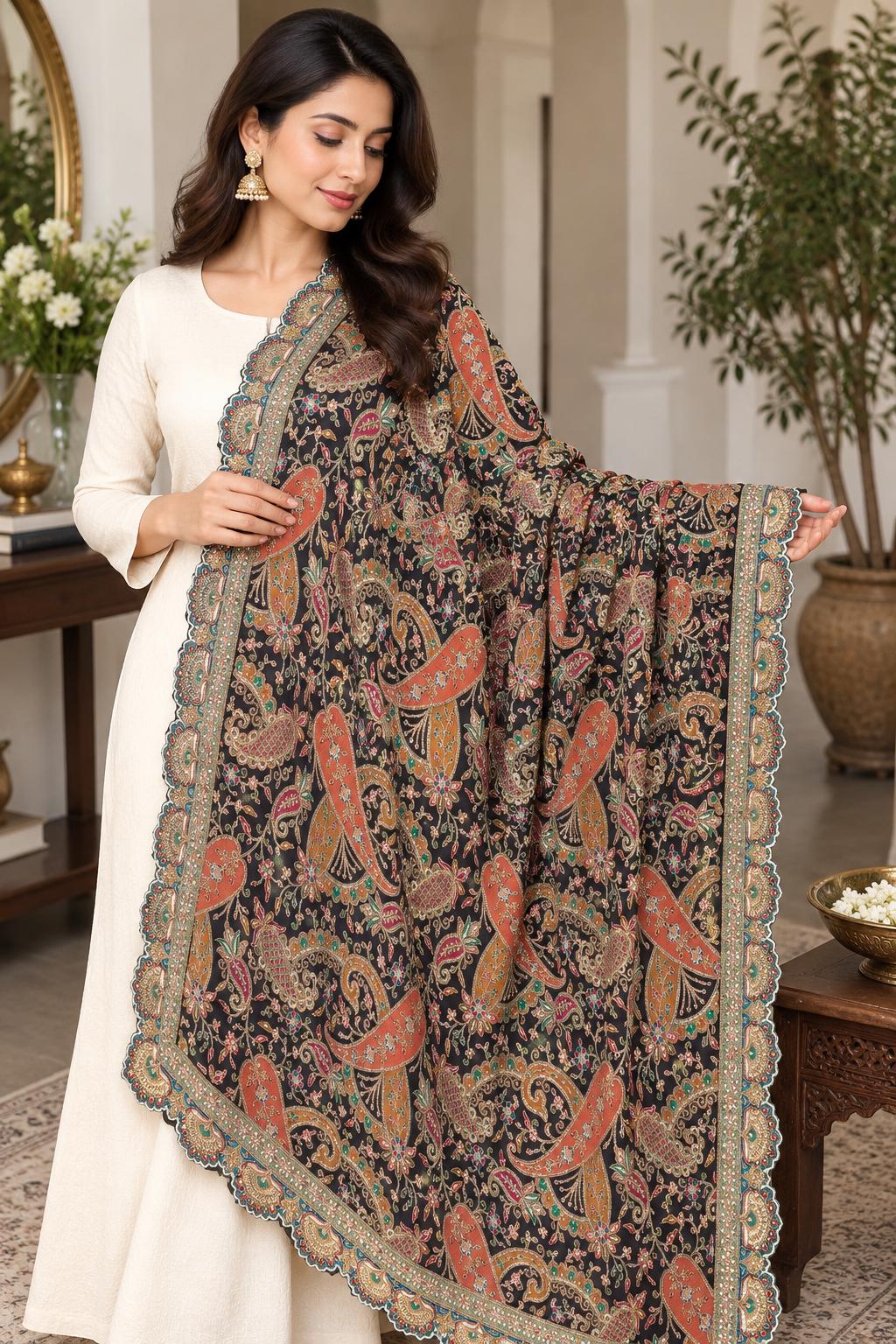Black Embroidered Georgette Dupatta | Handmade Ethnic Dupatta | Festive Indian Dupatta | Wedding & Party