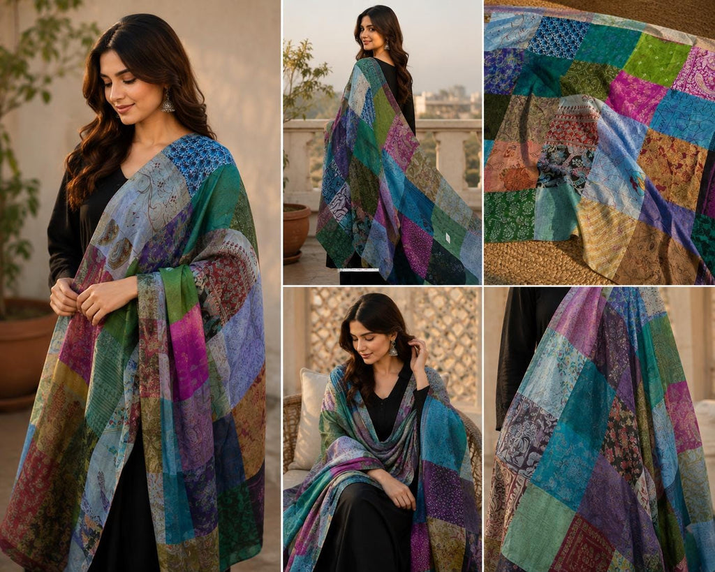 Multicolour Patchwork Silk Dupatta | Handmade Indian Silk Dupatta | Boho Patchwork Shawl | Colorful Ethnic Stole | Wedding & Festive Dupatta