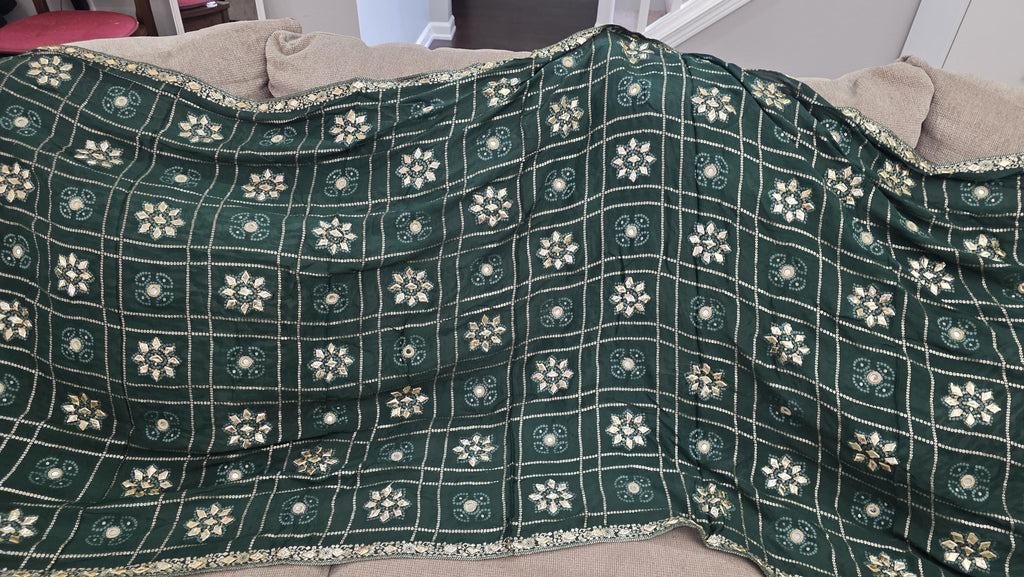 Pure Chinnon Dupatta with Mirror Work | green Gold Embroidered Dupatta | Indian Chiffon Dupatta | Festive Wedding Scarf | Ethnic