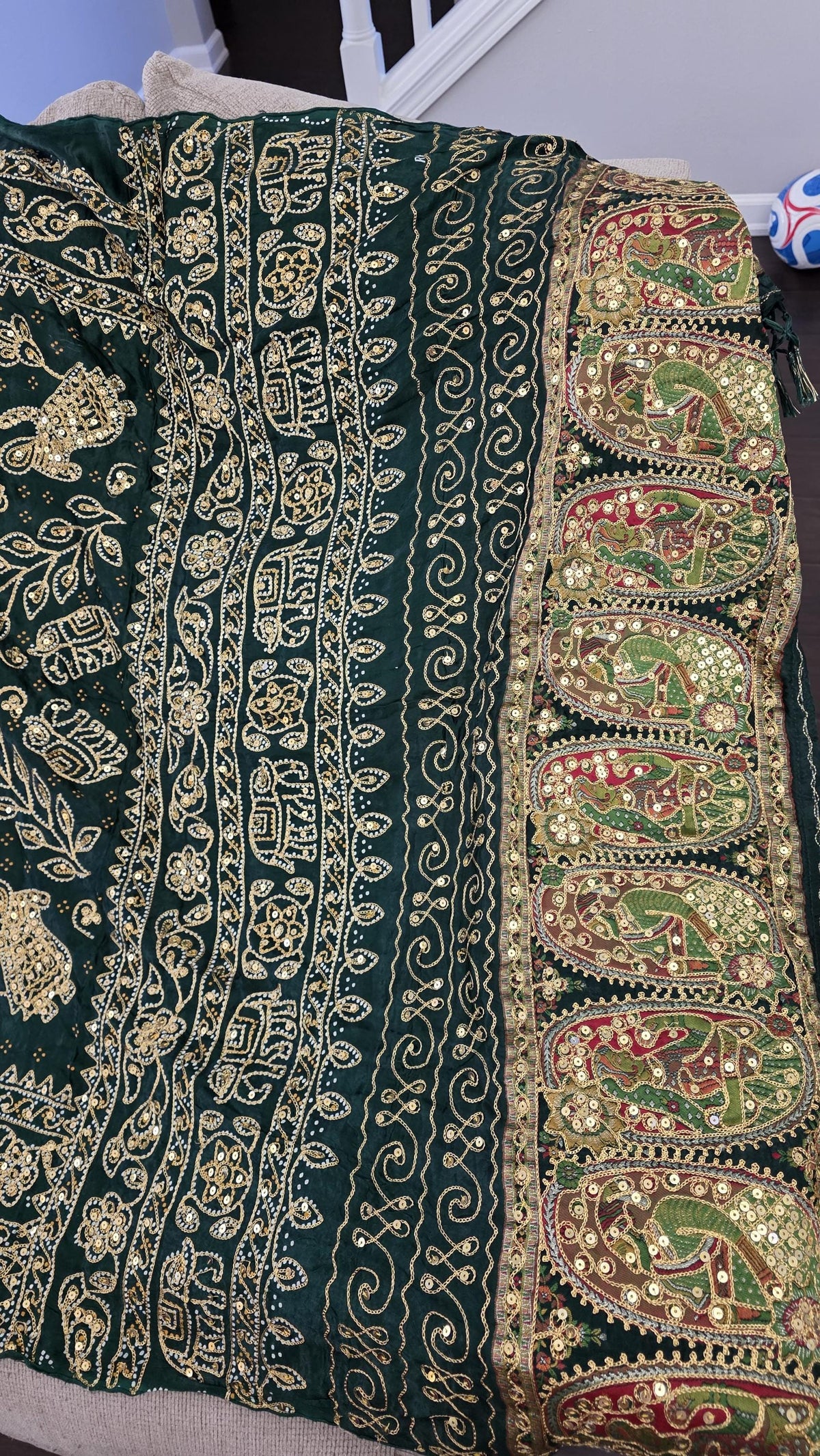 Green Pure Gaji Silk Aari Work Dupatta | Hand Embroidered Indian Dupatta | Traditional Bandhani Style Paisley Dupatta | Festive Wedding Sha