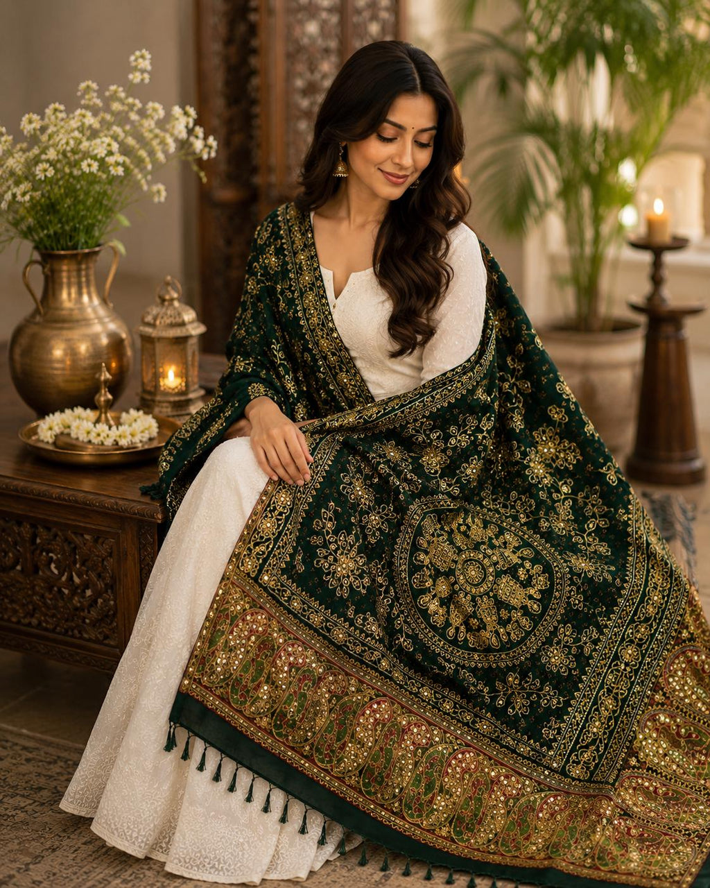 Green Pure Gaji Silk Aari Work Dupatta | Hand Embroidered Indian Dupatta | Traditional Bandhani Style Paisley Dupatta | Festive Wedding Sha