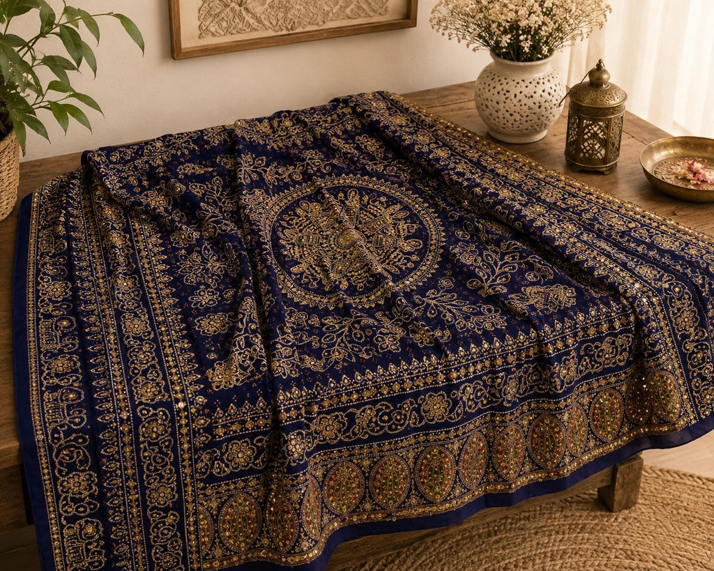 Blue Pure Gaji Silk Aari Work Dupatta | Hand Embroidered Indian Dupatta | Traditional Bandhani Style Paisley Dupatta | Festive Wedding Sha