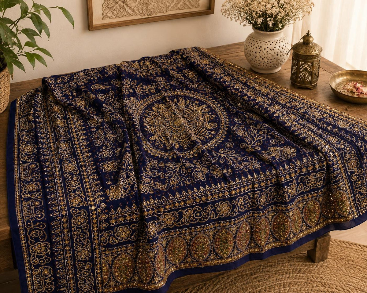 Blue Pure Gaji Silk Aari Work Dupatta | Hand Embroidered Indian Dupatta | Traditional Bandhani Style Paisley Dupatta | Festive Wedding Sha