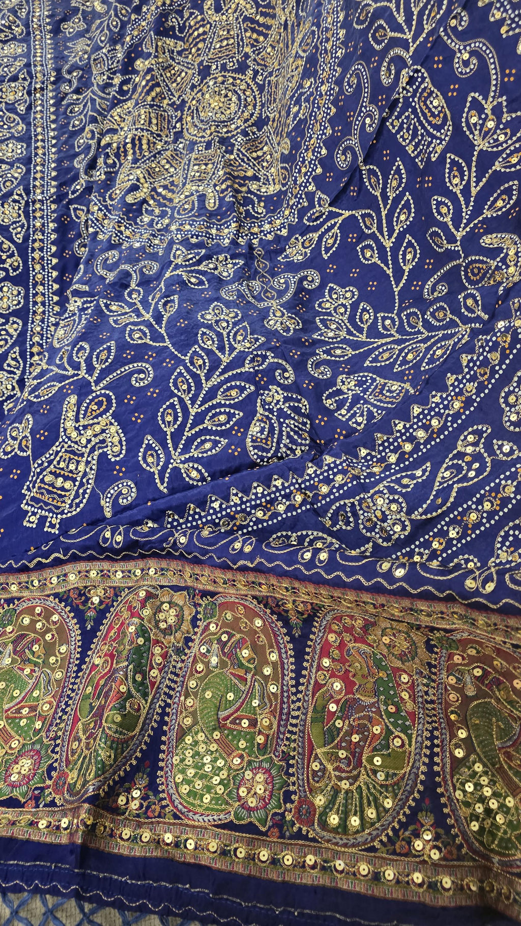 Blue Pure Gaji Silk Aari Work Dupatta | Hand Embroidered Indian Dupatta | Traditional Bandhani Style Paisley Dupatta | Festive Wedding Sha