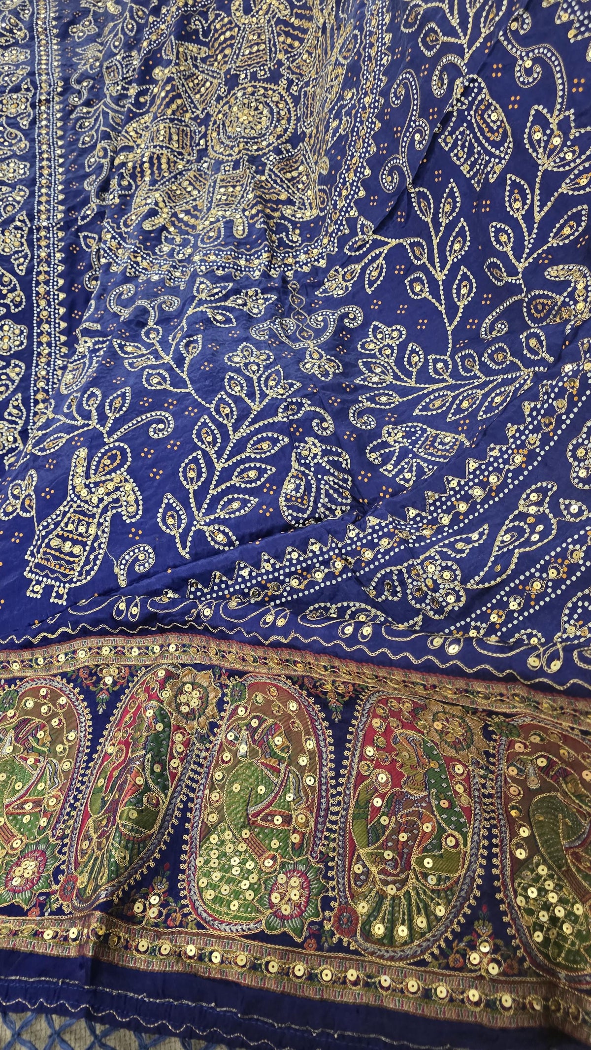 Blue Pure Gaji Silk Aari Work Dupatta | Hand Embroidered Indian Dupatta | Traditional Bandhani Style Paisley Dupatta | Festive Wedding Sha