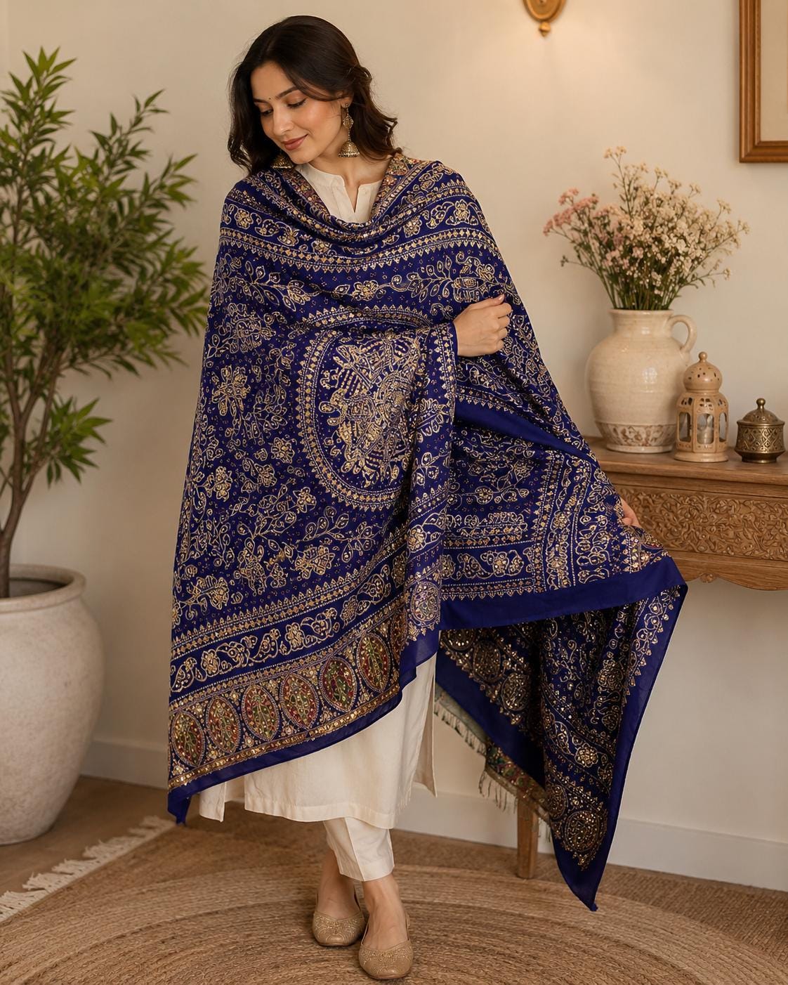 Blue Pure Gaji Silk Aari Work Dupatta | Hand Embroidered Indian Dupatta | Traditional Bandhani Style Paisley Dupatta | Festive Wedding Sha