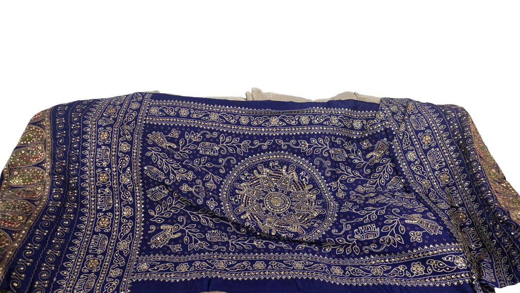 Blue Pure Gaji Silk Aari Work Dupatta | Hand Embroidered Indian Dupatta | Traditional Bandhani Style Paisley Dupatta | Festive Wedding Sha