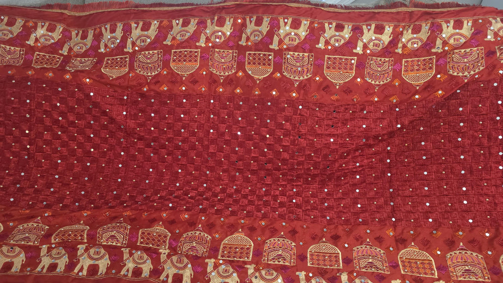Red Handmade , Handwoven , Elegant vibrant & Authentic Multicolour camel figure Phulkari Dupatta / Indian Scarf. Hand embroidered
