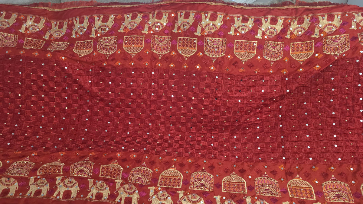Red Handmade , Handwoven , Elegant vibrant & Authentic Multicolour camel figure Phulkari Dupatta / Indian Scarf. Hand embroidered