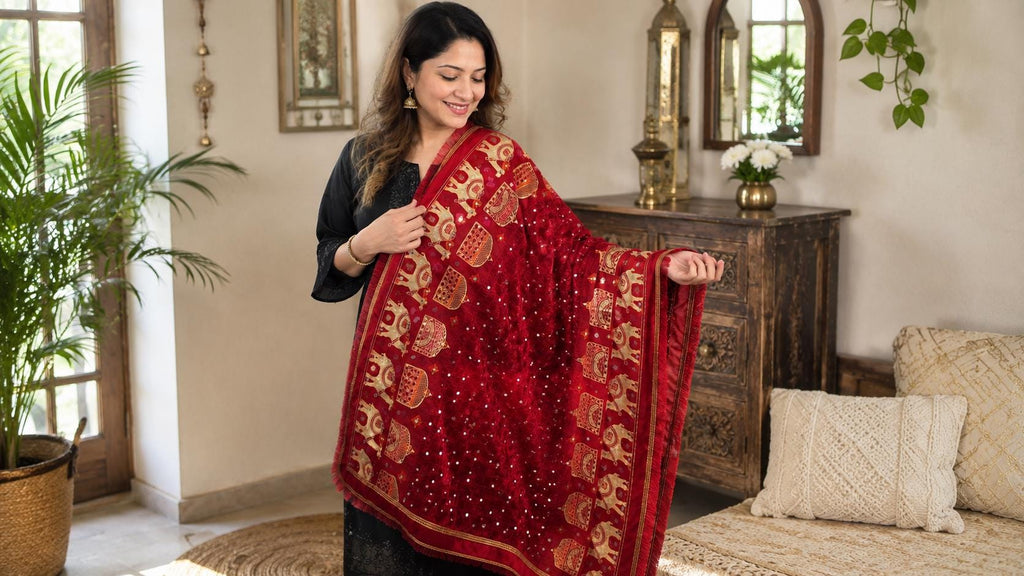 Red Handmade , Handwoven , Elegant vibrant & Authentic Multicolour camel figure Phulkari Dupatta / Indian Scarf. Hand embroidered