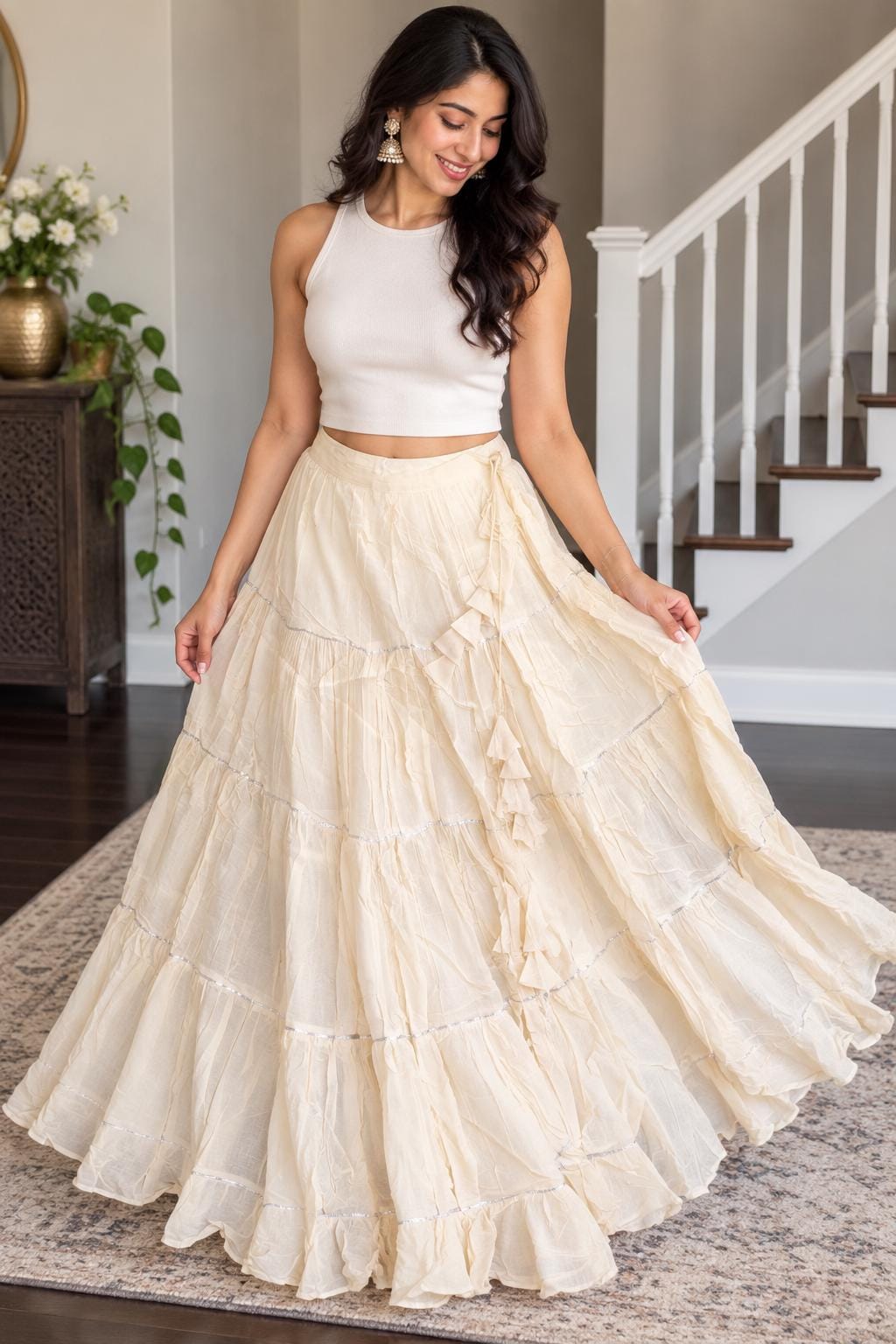 Ivory Tiered Boho Skirt | Indian Fusion Skirt | Flowy Festive Maxi Skirt | Silver Trim Ruffle Skirt | Garba Navratri Outfit | Women’s Skirt