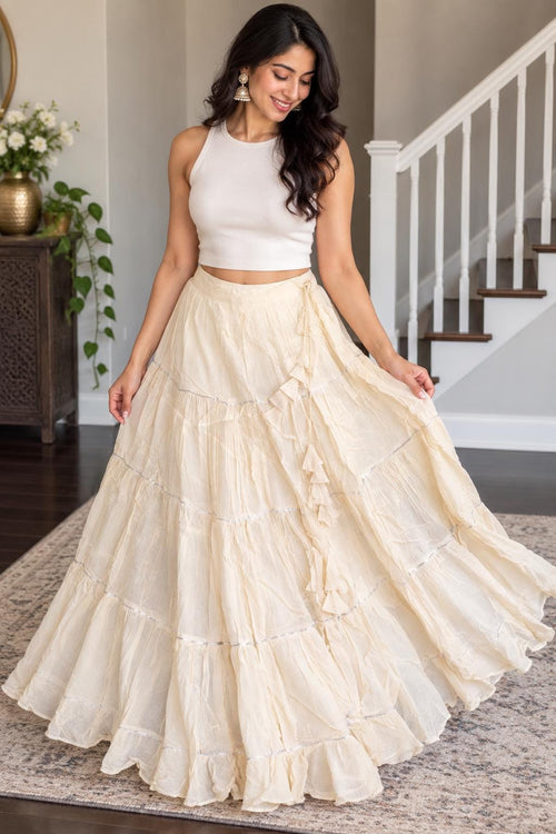 Ivory Tiered Boho Skirt | Indian Fusion Skirt | Flowy Festive Maxi Skirt | Silver Trim Ruffle Skirt | Garba Navratri Outfit | Women’s Skirt