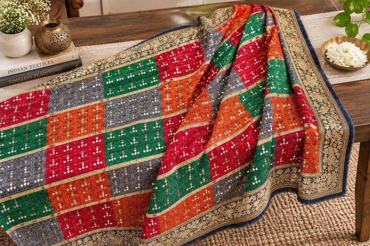 Colorful Mirror Work Dupatta | Indian Embroidered Dupatta | Multicolor Bandhani Style Shawl | Garba Navratri Dupatta | Boho Festive Scarf