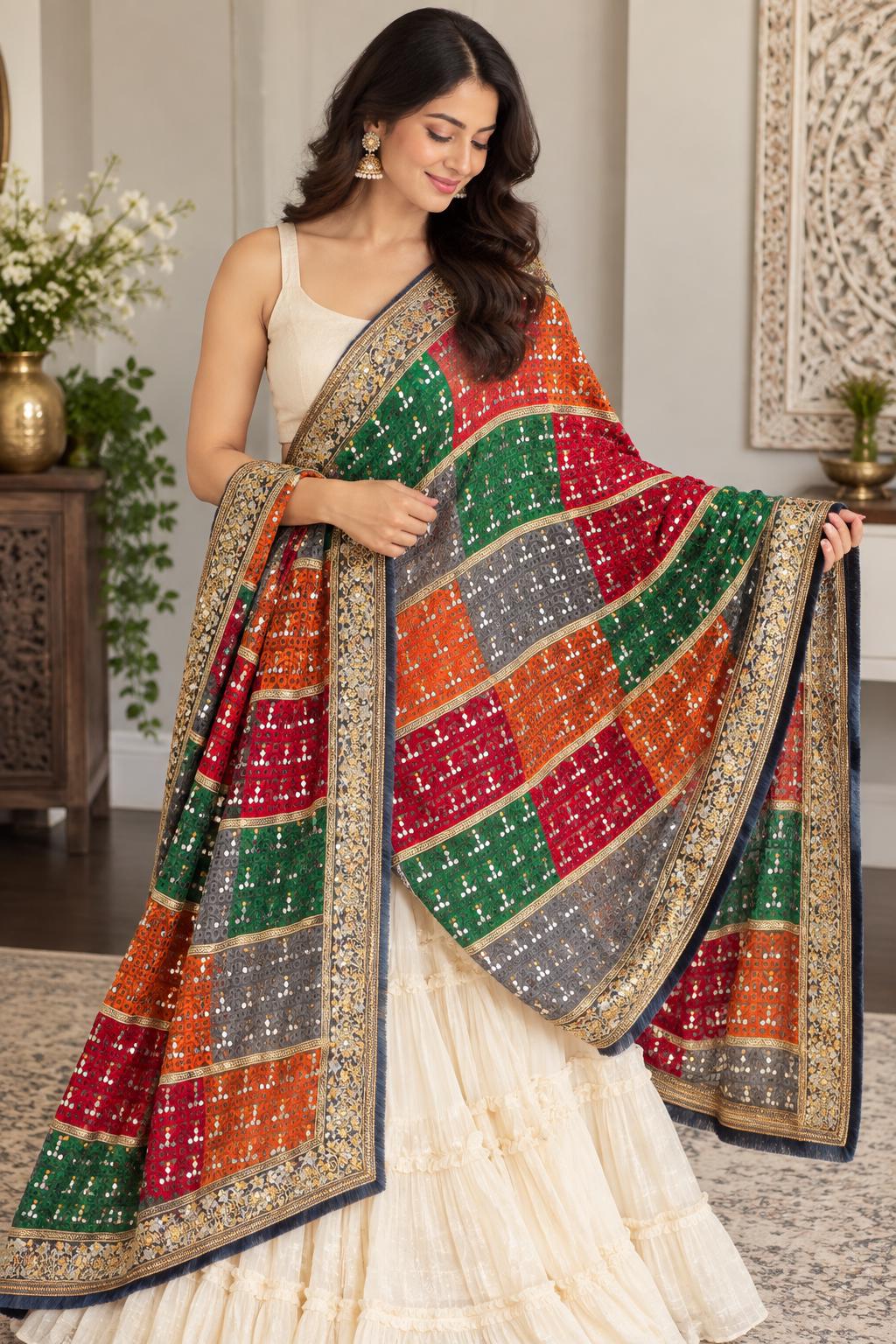 Colorful Mirror Work Dupatta | Indian Embroidered Dupatta | Multicolor Bandhani Style Shawl | Garba Navratri Dupatta | Boho Festive Scarf