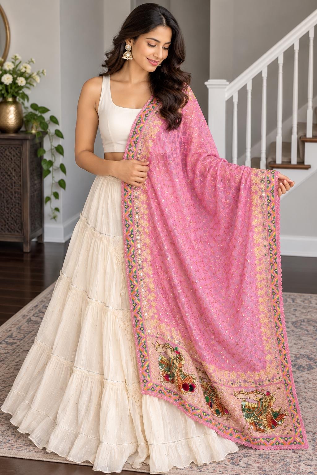 Handmade , Handwoven , Elegant vibrant & Authentic pink Phulkari Dupatta / Indian Scarf. Hand embroidered .
