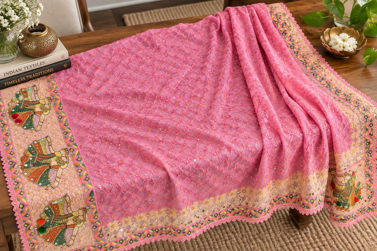 Handmade , Handwoven , Elegant vibrant & Authentic pink Phulkari Dupatta / Indian Scarf. Hand embroidered .