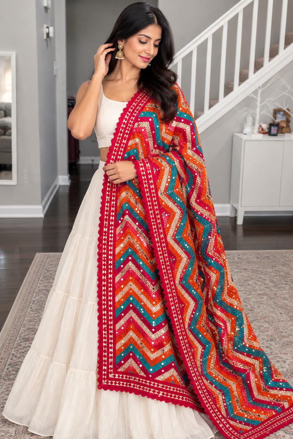 Colorful Mirror Work Dupatta | Indian Embroidered Dupatta | Multicolor Bandhani Style Shawl | Garba Navratri Dupatta | Boho Festive Scarf