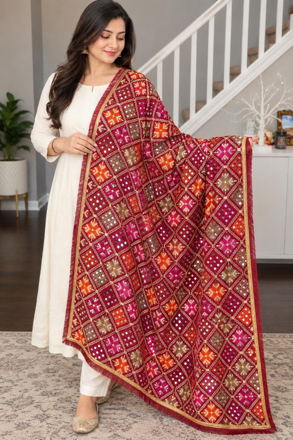 Colorful Mirror Work Dupatta | Indian Embroidered Dupatta | Multicolor Bandhani Style Shawl | Garba Navratri Dupatta | Boho Festive Scarf