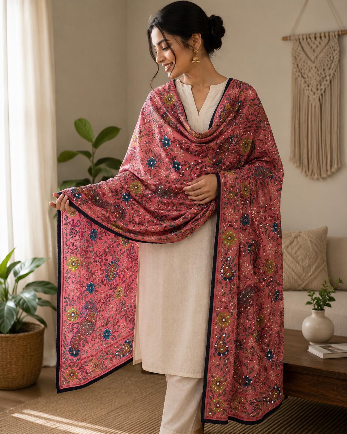 Pink base with vibrant pink and blue floral embroidery."Kantha Work Dupatta with Mirror Work | Indian Ethnic Festive Scarf