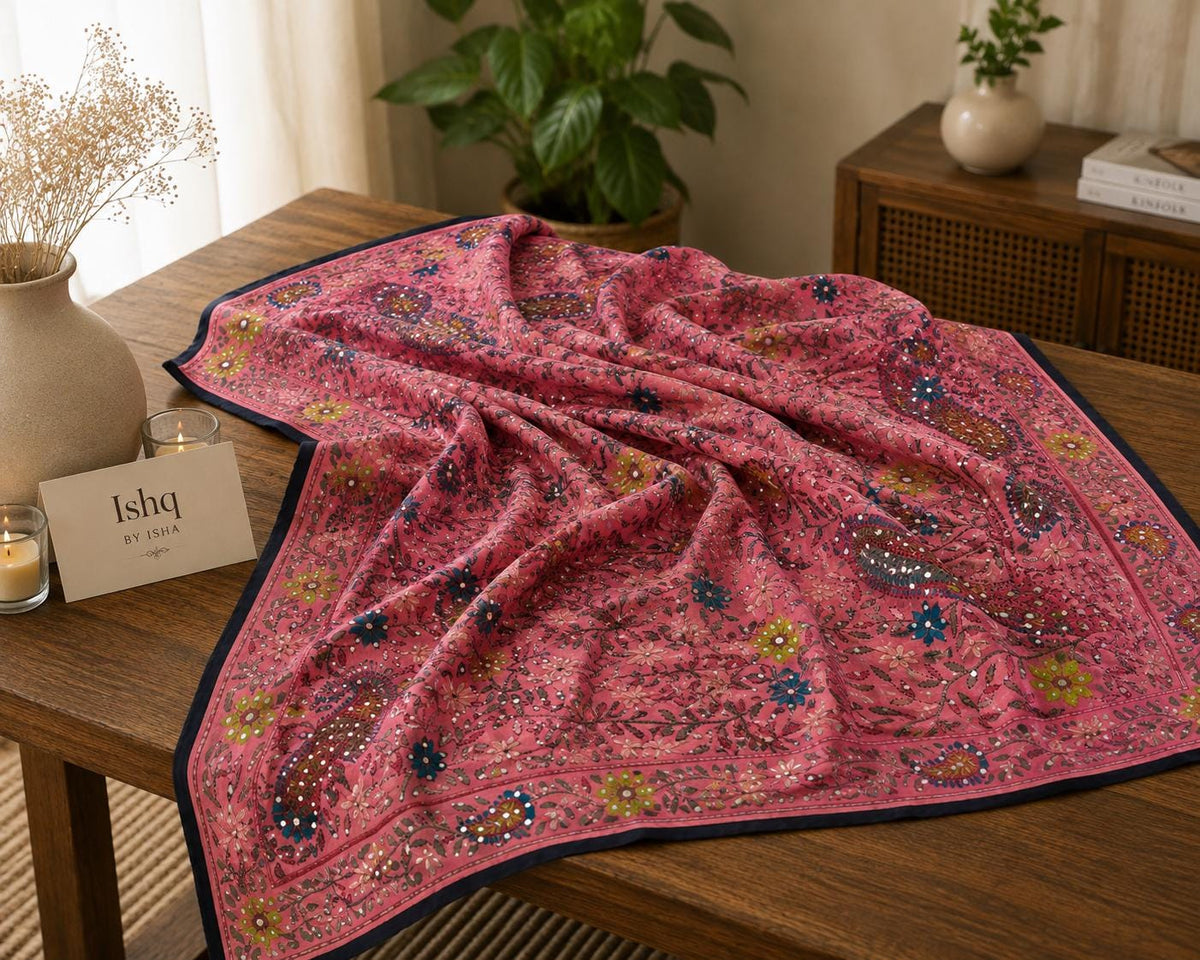 Pink base with vibrant pink and blue floral embroidery."Kantha Work Dupatta with Mirror Work | Indian Ethnic Festive Scarf