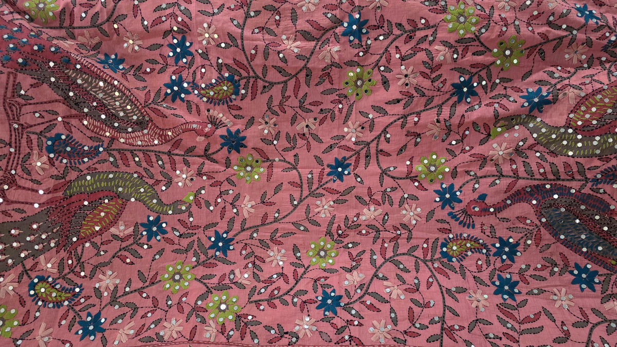 Pink base with vibrant pink and blue floral embroidery."Kantha Work Dupatta with Mirror Work | Indian Ethnic Festive Scarf