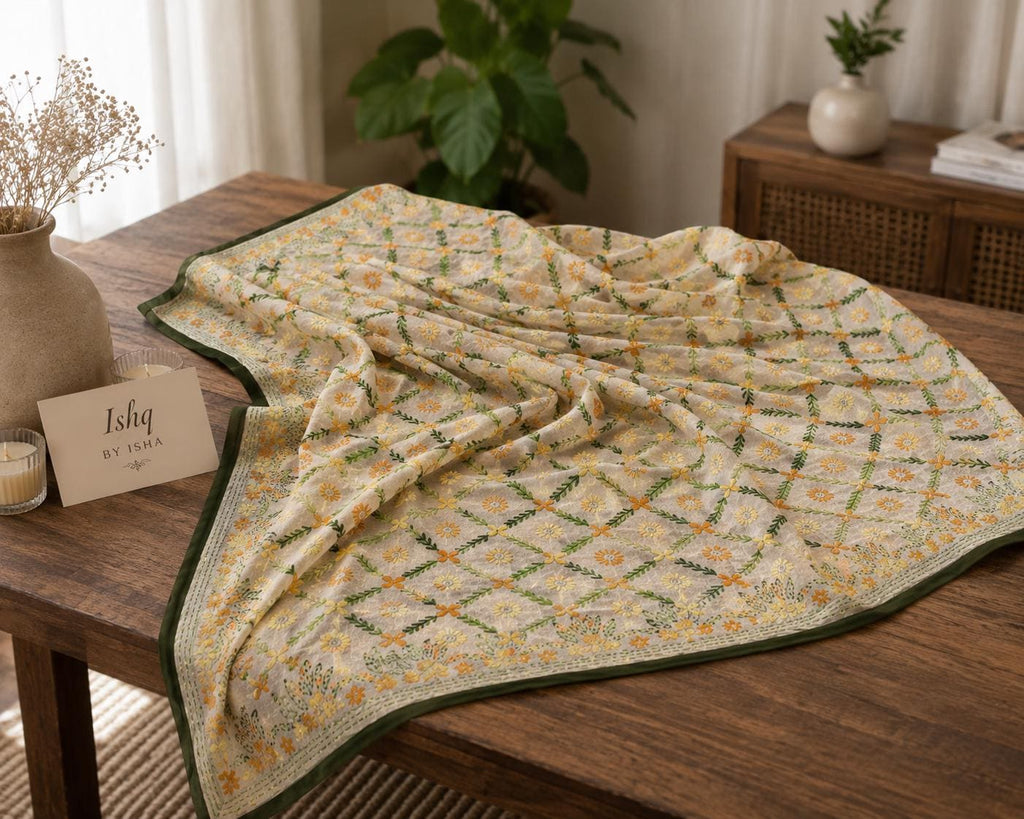 Light green Kantha Work Dupatta with Mirror Work | Indian Ethnic Festive Scarf