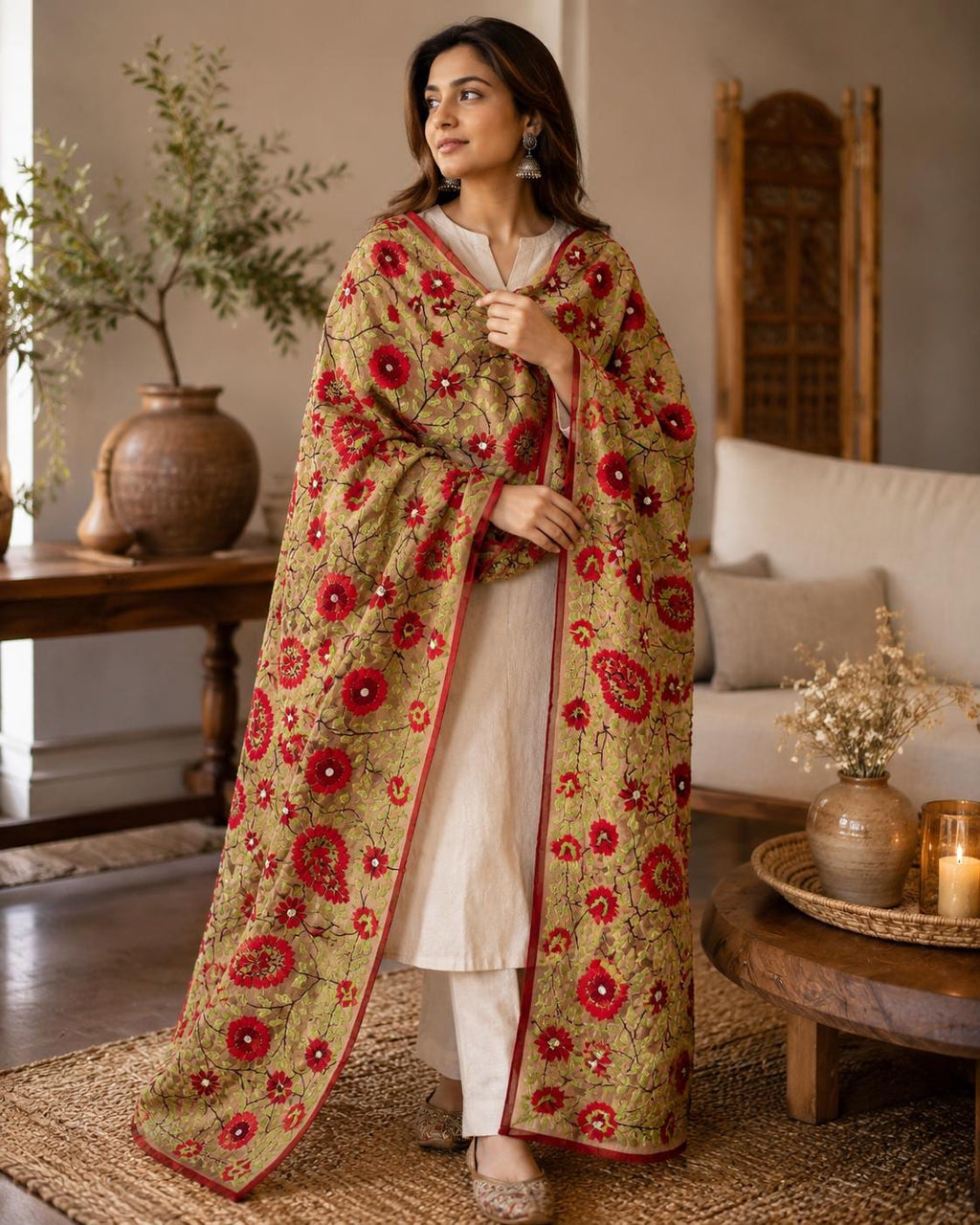Green and red floral Work Dupatta with Mirror Work | Indian Ethnic Festive Scarf