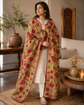 Green and red floral Work Dupatta with Mirror Work | Indian Ethnic Festive Scarf